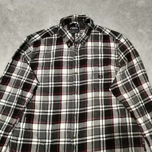 Chaps Shirt Mens L Combat Grey Flannel Plaid Embroidered Logo Button Down Pocket - Picture 7 of 13